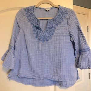Crown& Ivy Small Blue Stripe Blouse Quarter Sleeve Cotton